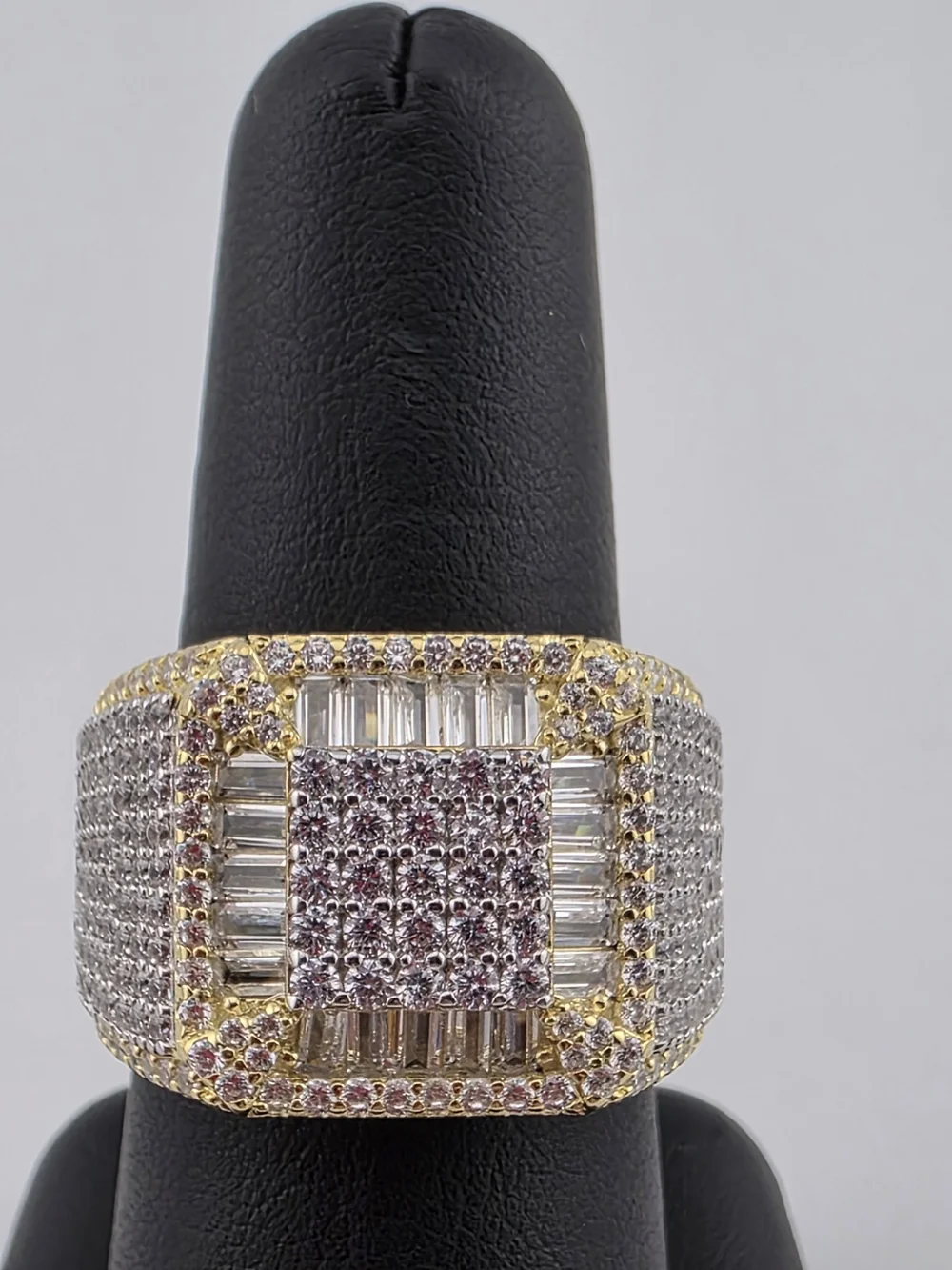 Sterling Silver 925 Gold-Tone Pave Square Statement Ring with Clear C.z Stones